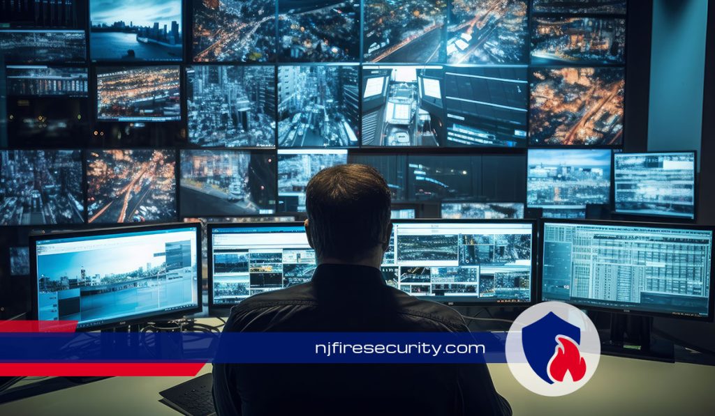 Security operator watching multiple live video feeds on monitors